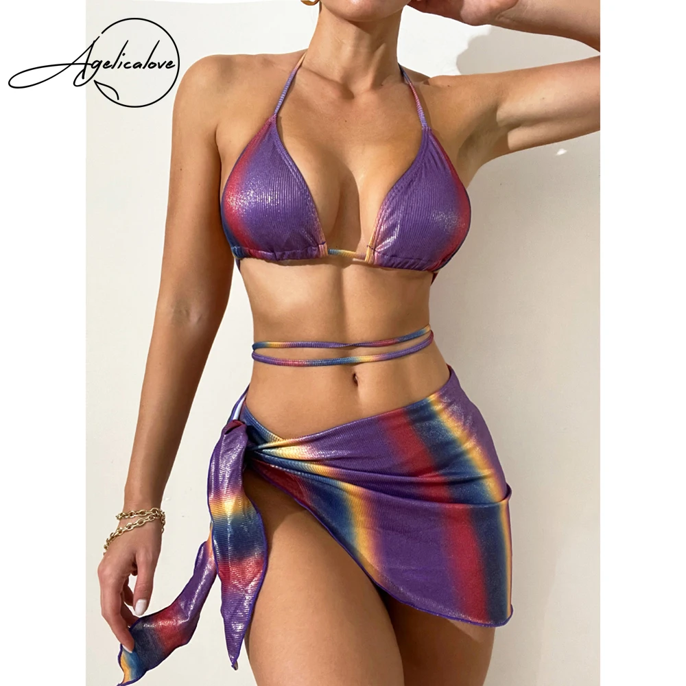 

AGELICALOVE 3 Pieces Set Swimsuit White Cover Up Women Sexy High Cut Bandage Gradient Ramp Bikini Set Bandage Swimwear Ladies