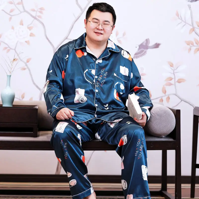 Fat pajamas men's spring and summer long sleeves long pants imitation silk loose fat home wear ice silk thin plus-size