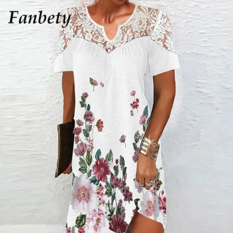 

Women Vintage Floral Print Lace Dress Summer Casual Short Sleeve Straight Party Dress Ladies Elegant V Neck Embroidery Dresses