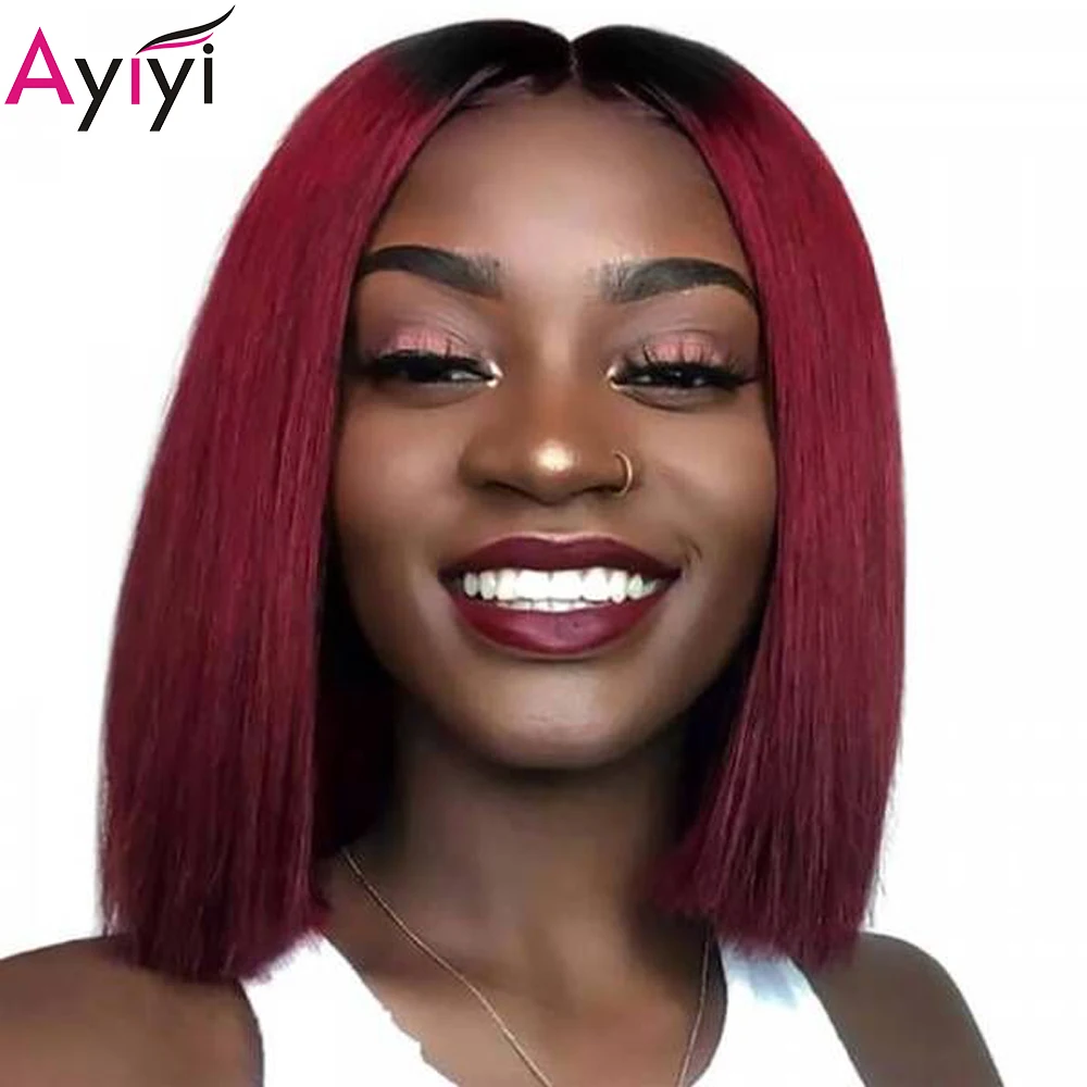 

T1B/99J Burgundy Short Bob Wig Straight Ombre Lace Front Wigs For Black Women 13X4 Lace Frontal Wig 1B/27 Remy Human Hair