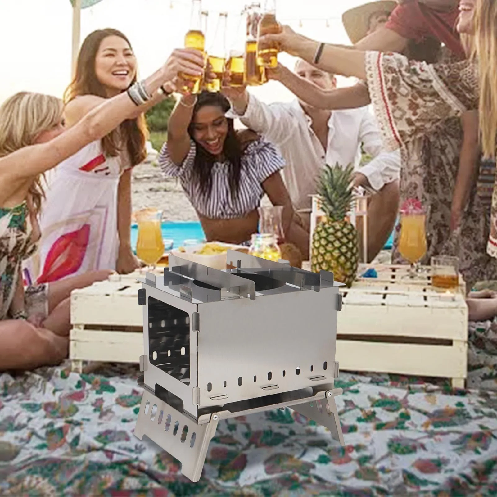 BBQ Charcoal Grill Wood Burning Camping Stove Folding Backpacking Practical Cooking Essential For Picnic |