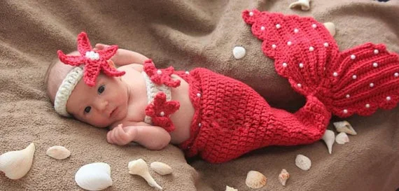 

Mermaid Baby Shower Newborn Photography Props Infant Girl Red Blue Outfits cotton yarn Crochet Headband+bra+Tail gift 0-2M 3-4M