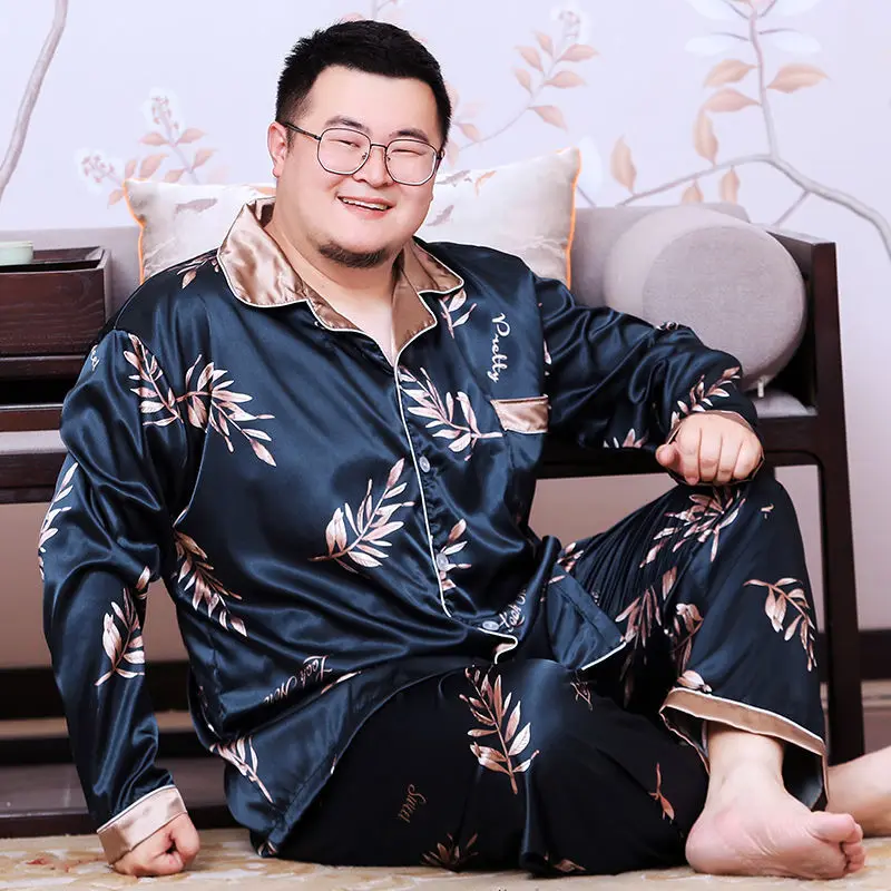 1 Summer big yards pajamas men long sleeve ice silk thin type of fertilizer increased silk leisurewear suit loose fat