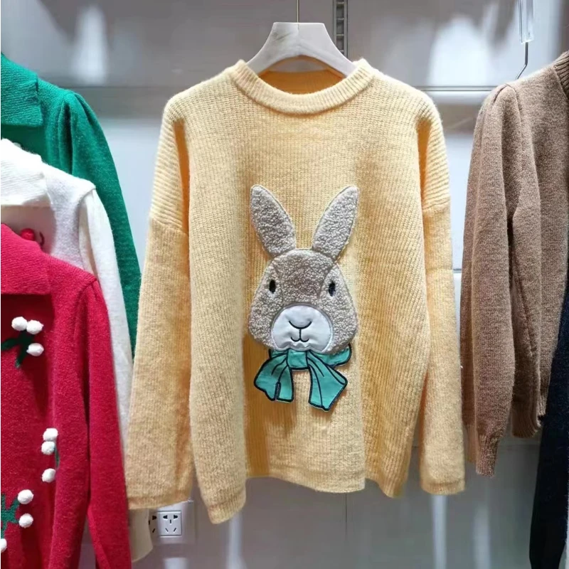 2022 Autumn and Winter Fashion Cartoon Pattern Knitted Sweater Ladies New Casual Round Neck Long Sleeve Pullover Top for Women