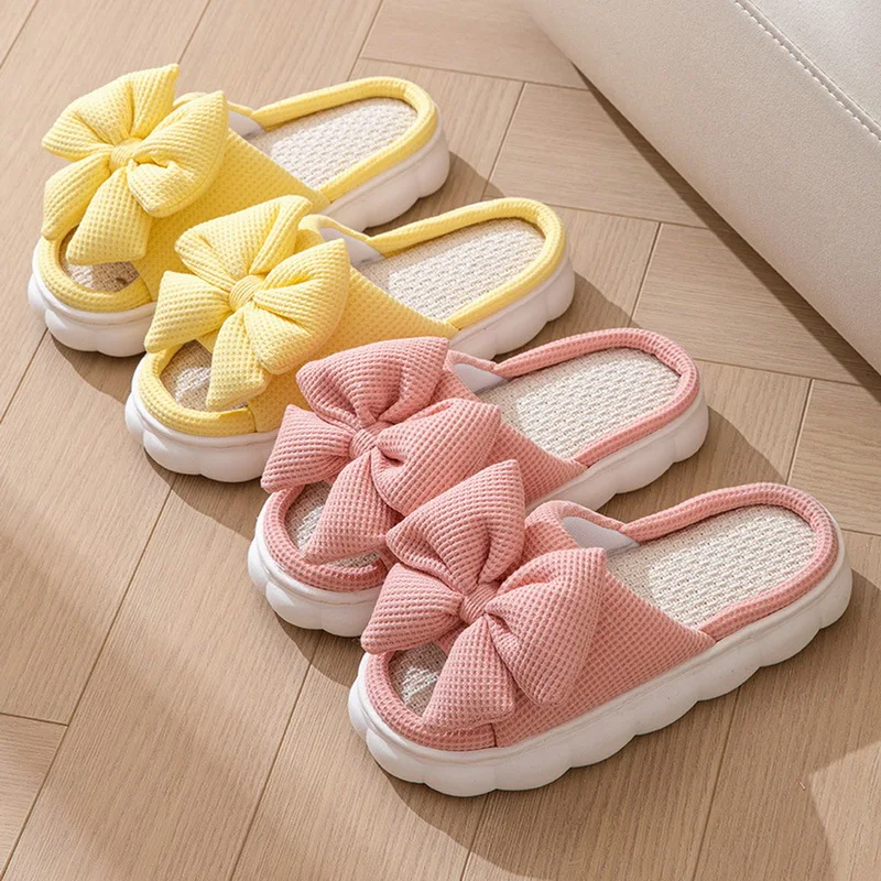 

Spring Summer Bowknot Slippers For Women Kawaii Home Slippers Light Ladies Flip Flops Shoes Woman Thick Sole Flat Linen Sandals