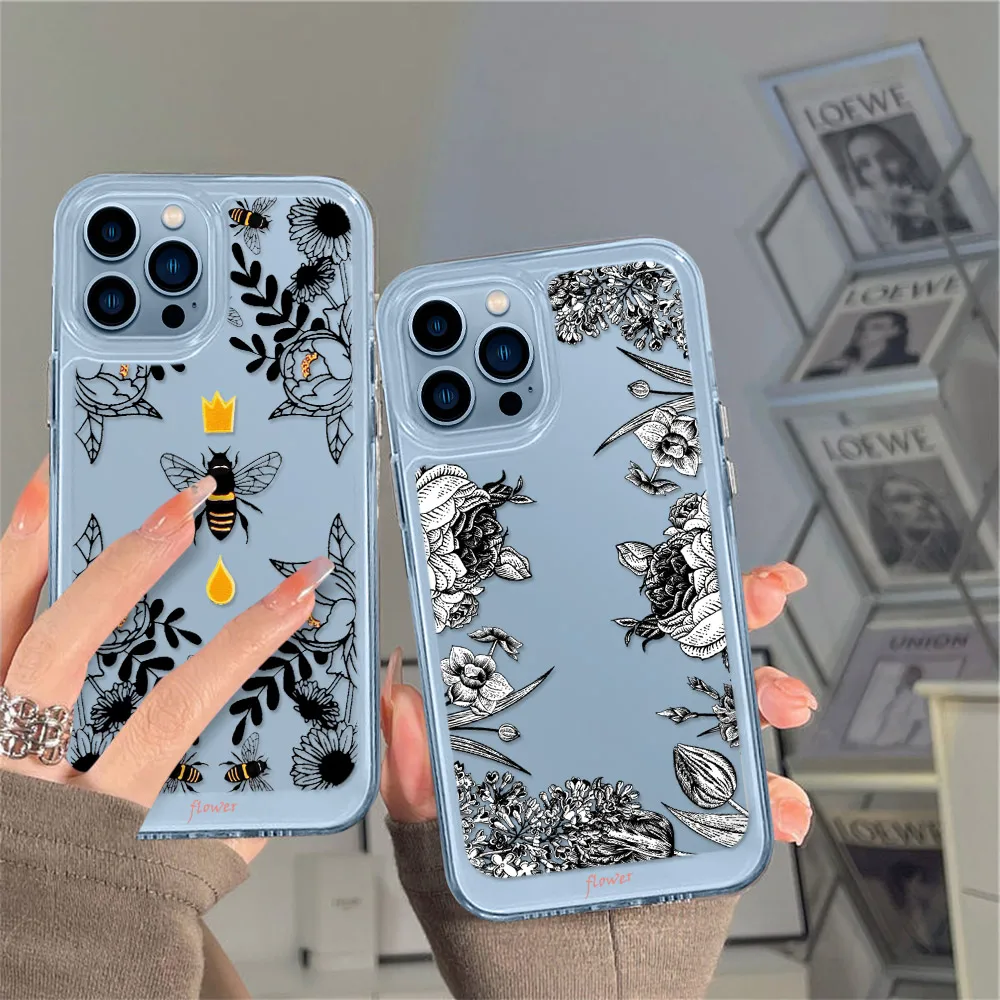 

Vintage Flower Case for Iphone 13 12 14 Mini 11Pro Max XS X XR Transparent PC+TPU Hard Fundas Cover Protection Luxury Shell