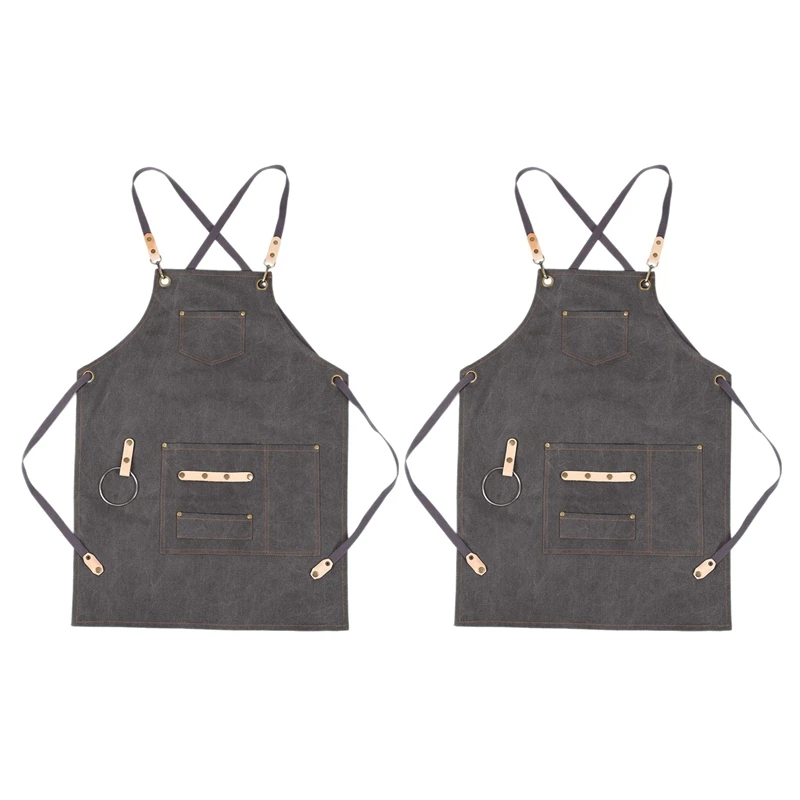 

2X BBQ Canvas Apron Bib Chef Kitchen Apron For Women Men Barista Bartender Pockets Dark Gray