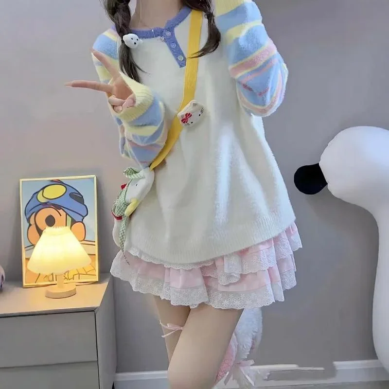 Осень/зима вязаный топ в радужную полоску с несколькими бочками консервативном