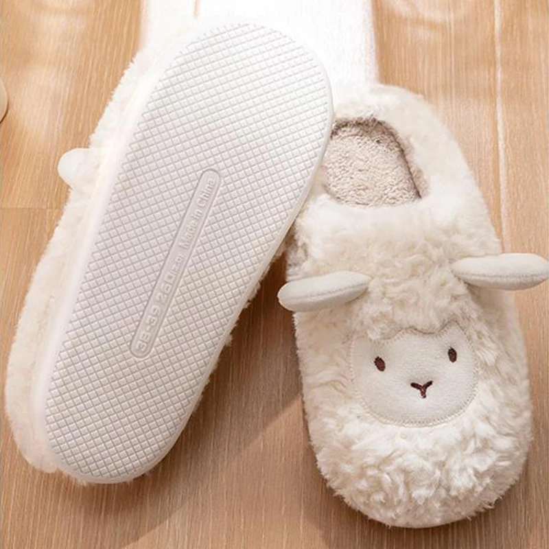 Cute Sheep Plush Slippers Female Autumn and Winter Non-slip Home Plush Women Warm Couple Cartoon Slippers Cotton Slippers