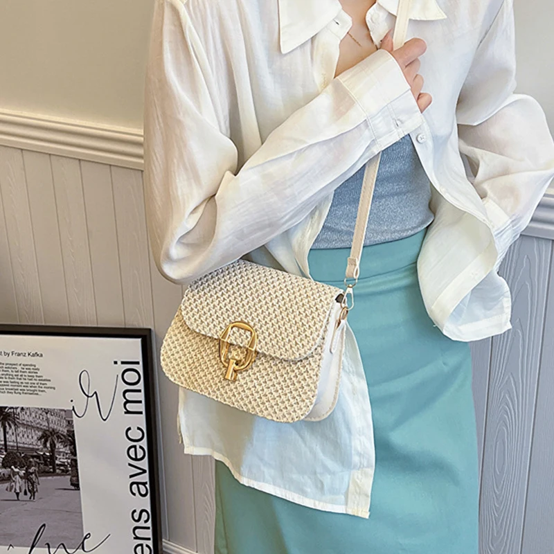 Новая модная сумка с пряжкой и замком летняя пляжная женская соломенная тканая