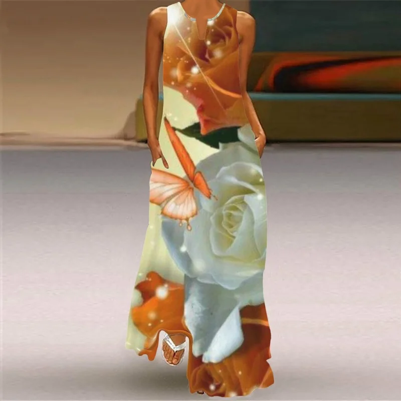 

Women's Summer Sexy Sleeveless V-Neck 3D Rose Print Dress 2022 Vintage Flower Dress Women's Loose Beach Dress s-5xl
