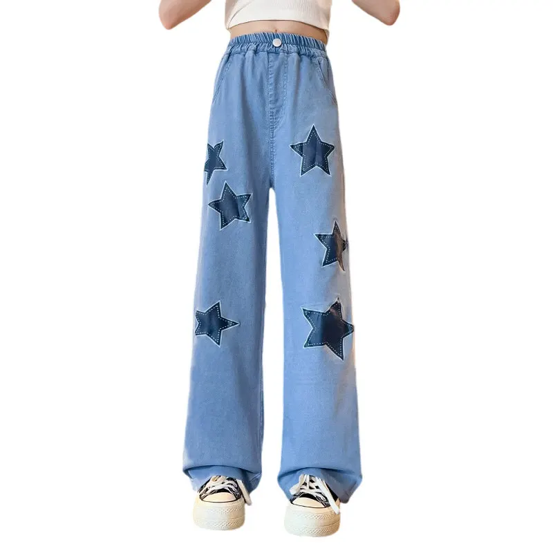 

Girls Skinny Style Wide Leg Pants Summer New Casual Fashion Star Pattern Denim Trousers for Kids Thin Jeans Children's Clothing