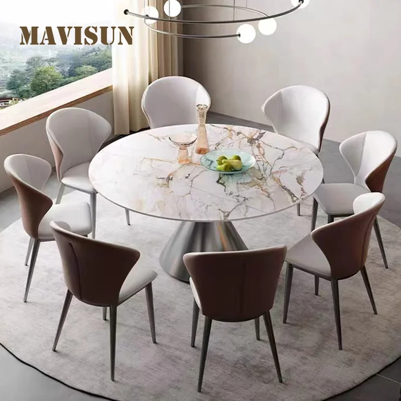 

Luxury Italian-Style Rock Board Round Dining Table And Chairs Combination Simple Modern Size Apartment Household Nordic Kitchen