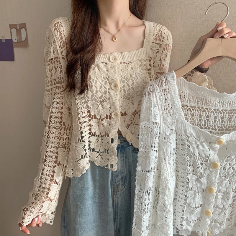 

Lucyever Sexy Hollow Out Floral Women Blouse Korean Fashion Square Collar See Through Shirts Long Sleeve Single-breasted Blusas