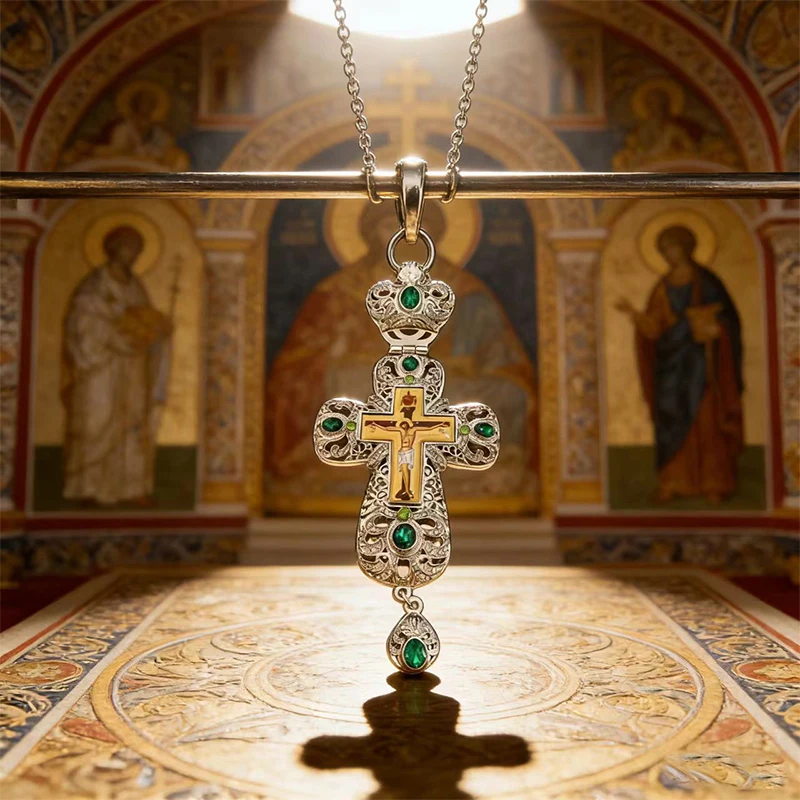 Фото Традиционный православный христианский крест-подвеска с зелеными камнями и изысканным филигранным дизайном для верующих. №5