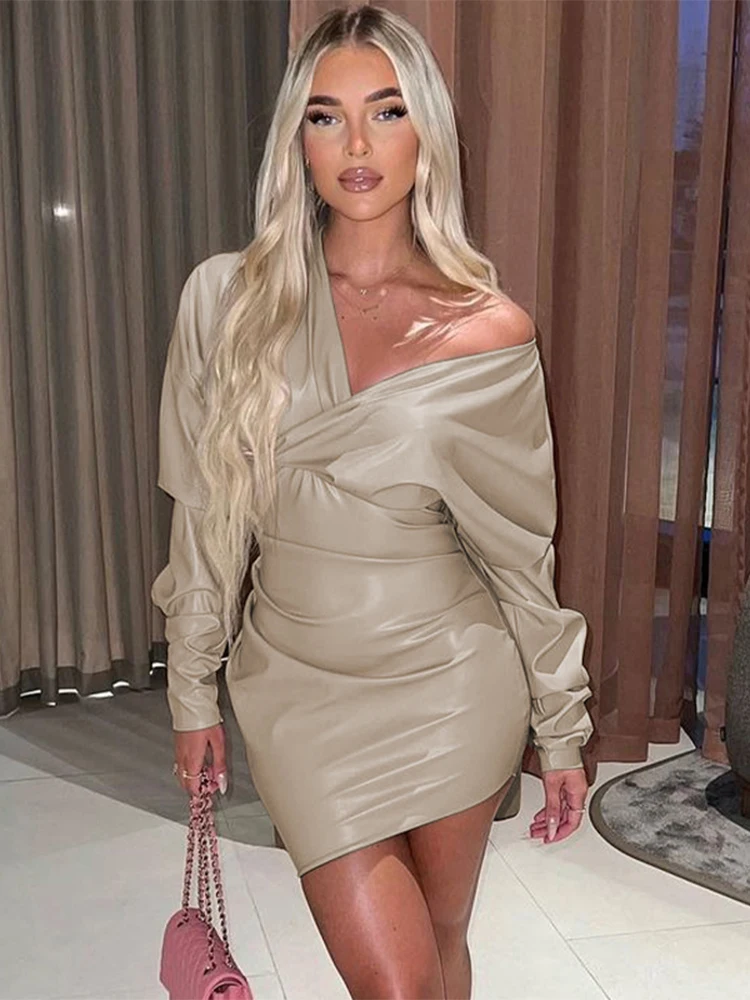 

Плиссированное мини-платье из искусственной кожи с V-образным вырезом, Женские однотонные облегающие Женские платья с длинным рукавом и отк...