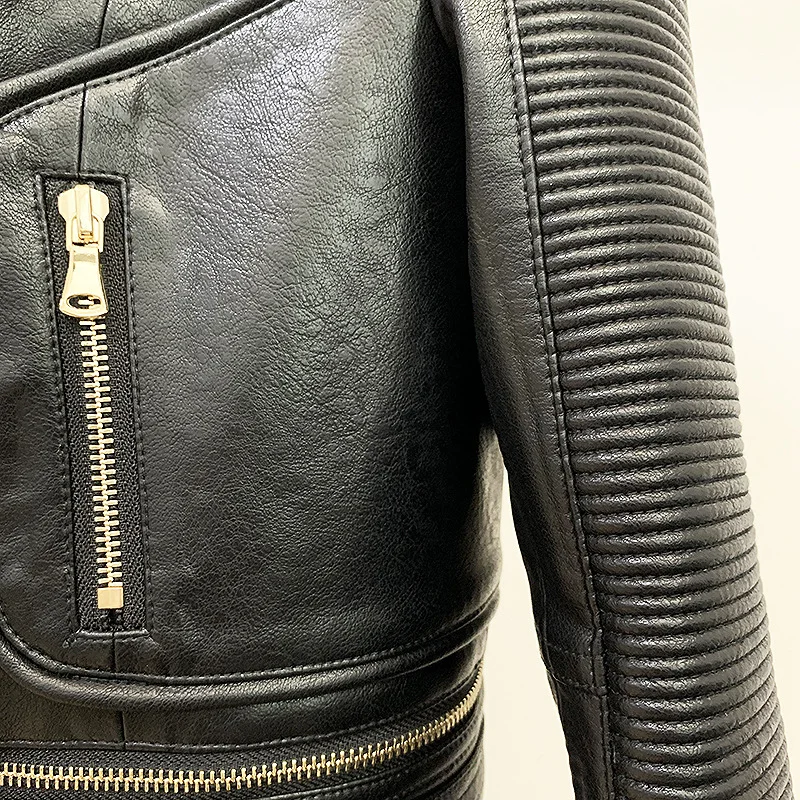 Newest Fall Winter 2023 Designer Motorcycle Jacket Women's Lion Metal Buttons Double Breasted Synthetic Leather Blazer Overcoat