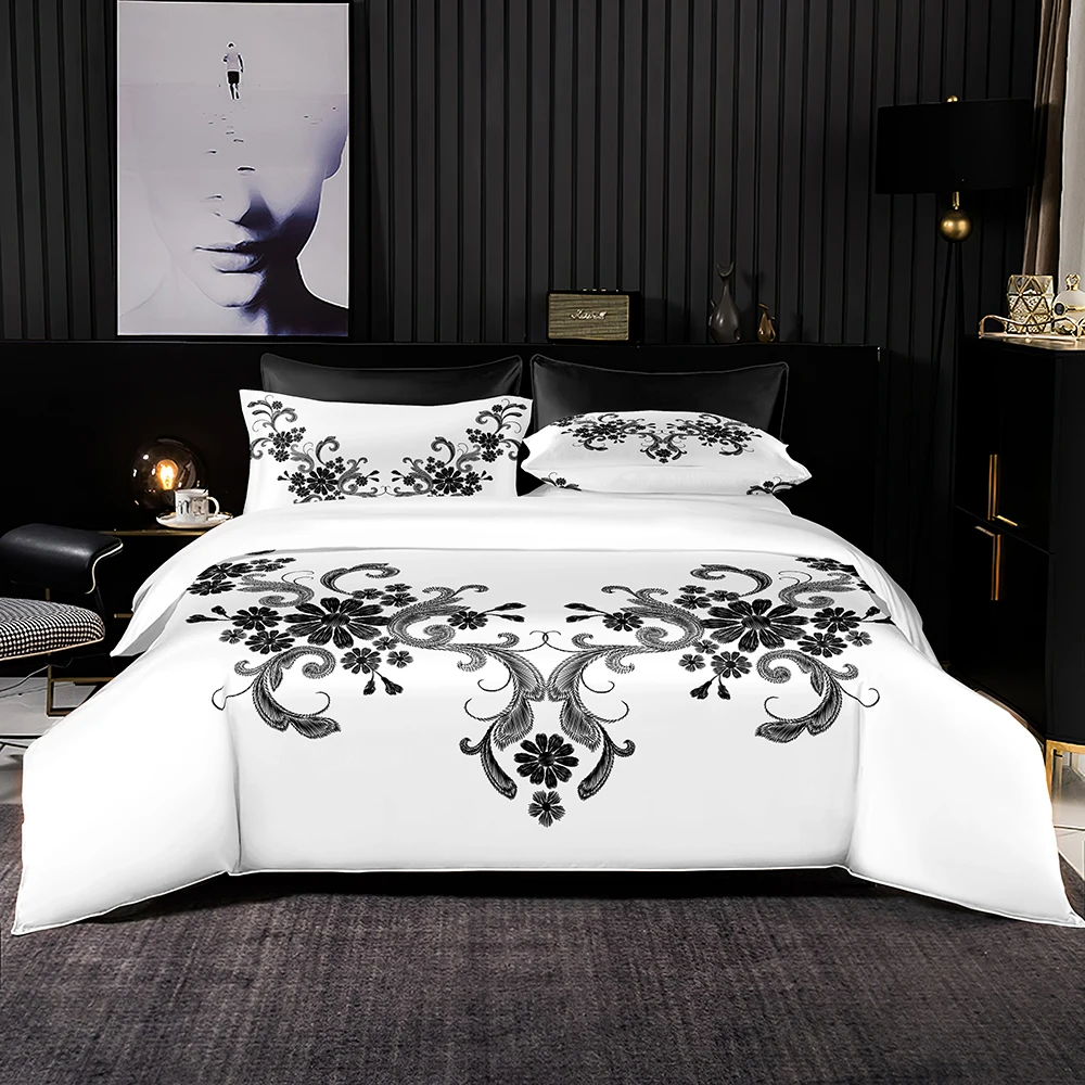 

Black Vine Print Bedding Set Vintage Pattern Duvet Cover Set Luxury Euro Bedclothes 2/3pcs for King Queen Full Size Home Textile