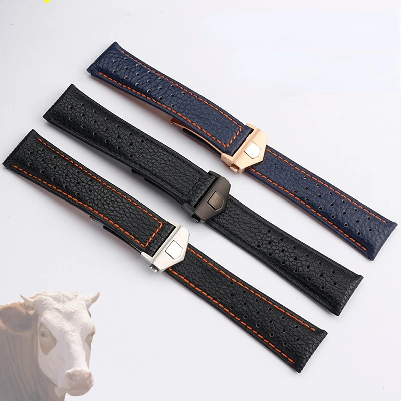 

22mm High Quality Soft Cow Leather Watchband For TAG Heuer Watch Strap Men Band Dark blue Fold buckle Bracelet Accessories