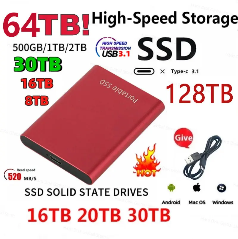 

Портативный твердотельный накопитель, HDD 500 ГБ, 1 ТБ, внешний жесткий диск, внешний жесткий диск, 500 Гб, жесткий диск USB 3,1, 4 ТБ, SSD для ноутбука, PS4