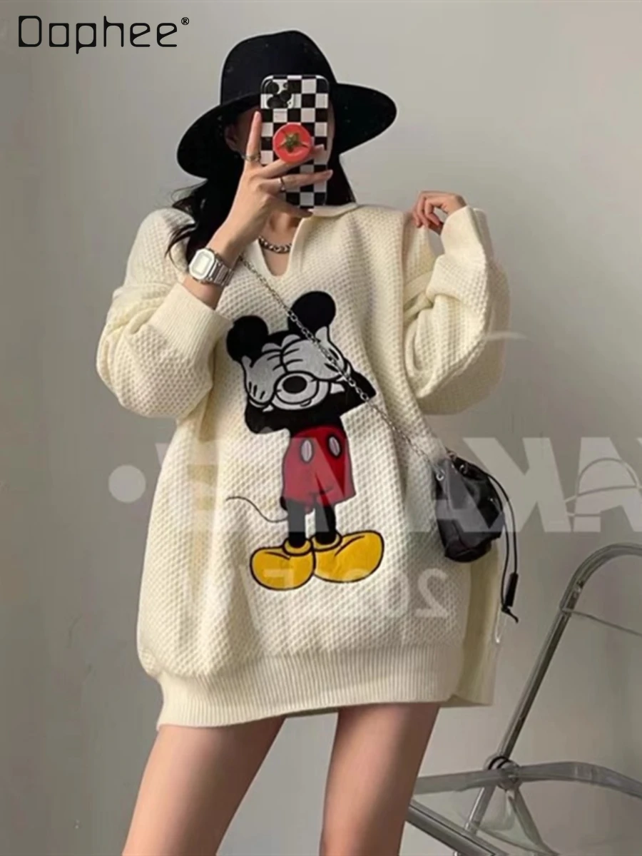 

Autumn and Winter New Cartoon Embroidered Lapel Pullover Women's Fashion Vintage Stripe Mid-Length Loose V-neck Sweater Coat