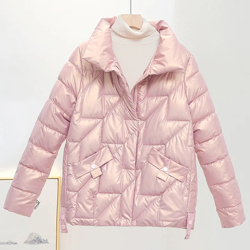Enlarge Women Jacket 2022 New Winter Parkas Female Glossy Down Cotton Jackets Stand Collar Casual Warm Parka Short Coat Female Outwear