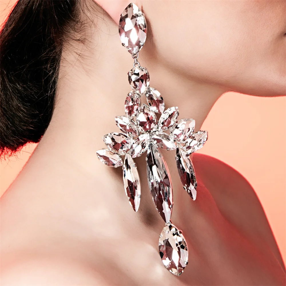 

Luxury Shiny Big Gem Crystal Pendant Earrings Ladies Wedding Dinner Bling Crystal Long Earrings Exquisite Jewelry Accessories