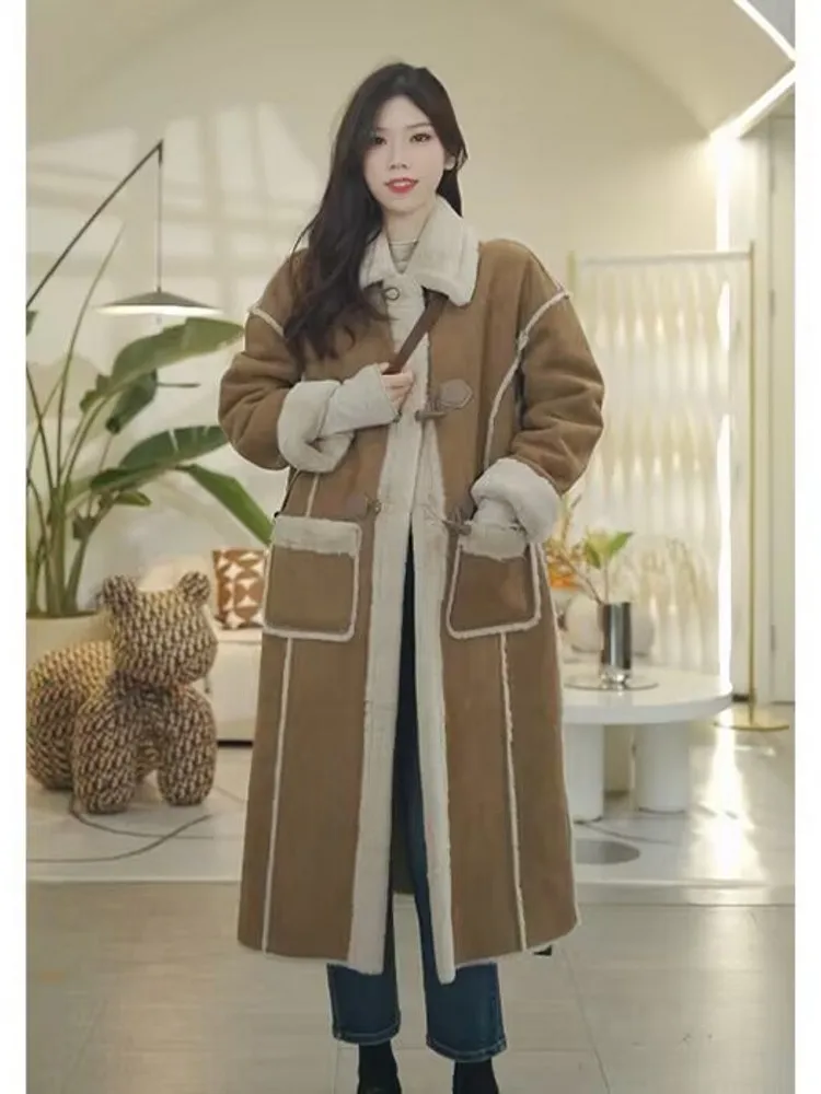 

Зимнее женское длинное меховое пальто из ягненка, винтажное Свободное пальто с отложным воротником, плотная теплая верхняя одежда, женское однобортное плюшевое пальто