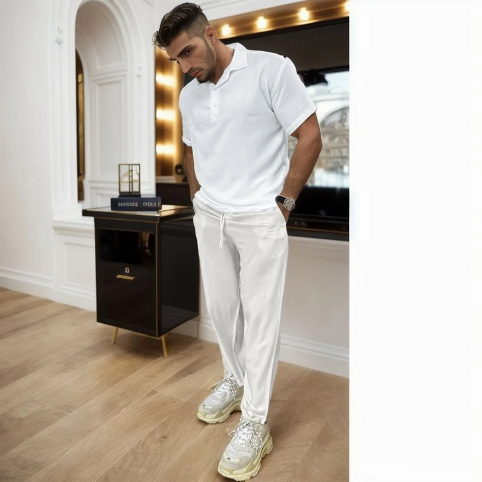 

Autumn Casual Solid Color Two Piece Set Mens Short Sleeve Polo Top T Shirt Set Drawstring Pants Set Young Mens Suit Outfits 2023