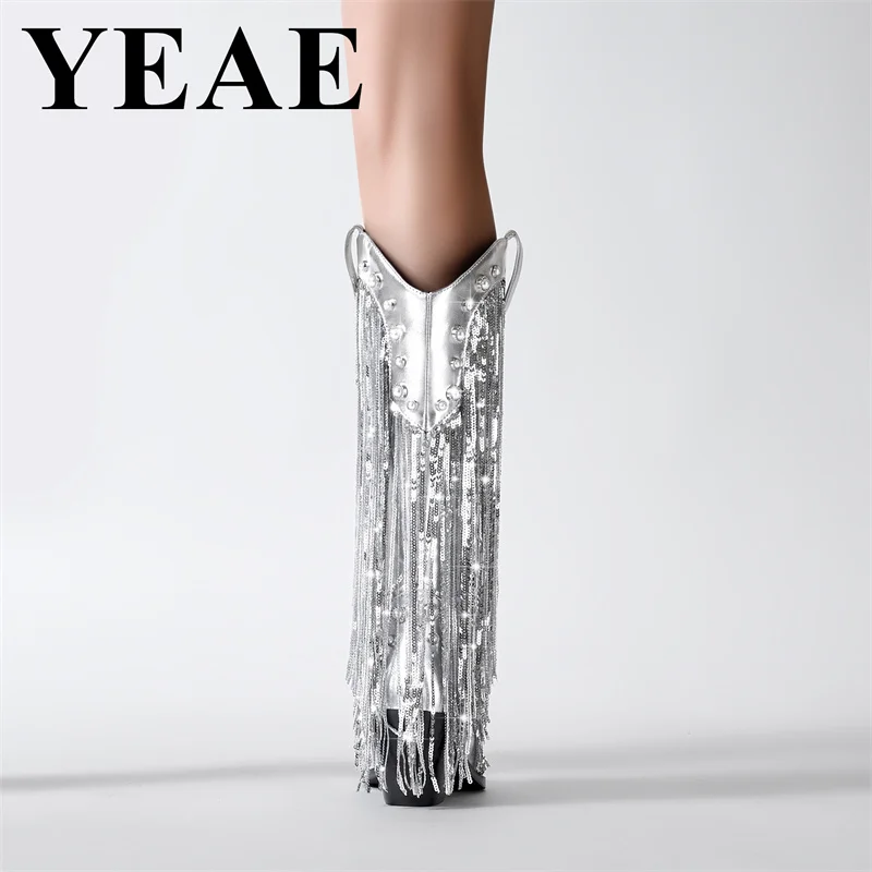 Модные женские Серебристые сапоги до колена с блестками повседневная обувь без