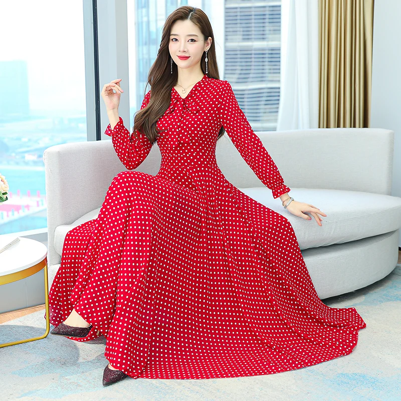 

2022 Vintage Chiffon Maxi Sundress Summer New Beach Red Dot Print Floral Long-sleeve Dress Elegant Women Party Bodycon Vestidos