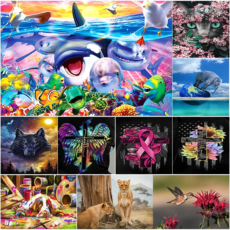 

5D Diamond Painting Animal Cross Dolphin Shark Lion Dog Bird DIY Mosaic Embroidery Art Picture Cross Stitch Kit Rhinestone Gift