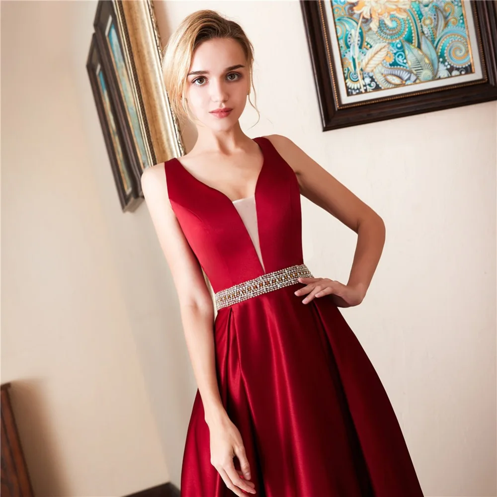 

Burgundy Evening Dresses Satin Sexy V-Neck Backless A-Line Beaded Floor Length Belt Sleeveless Formal Party Celebrity Prom Gowns