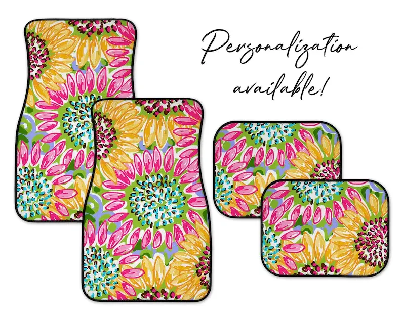 

Sunflower Lilly Inspired Car Mats, Personalization Available