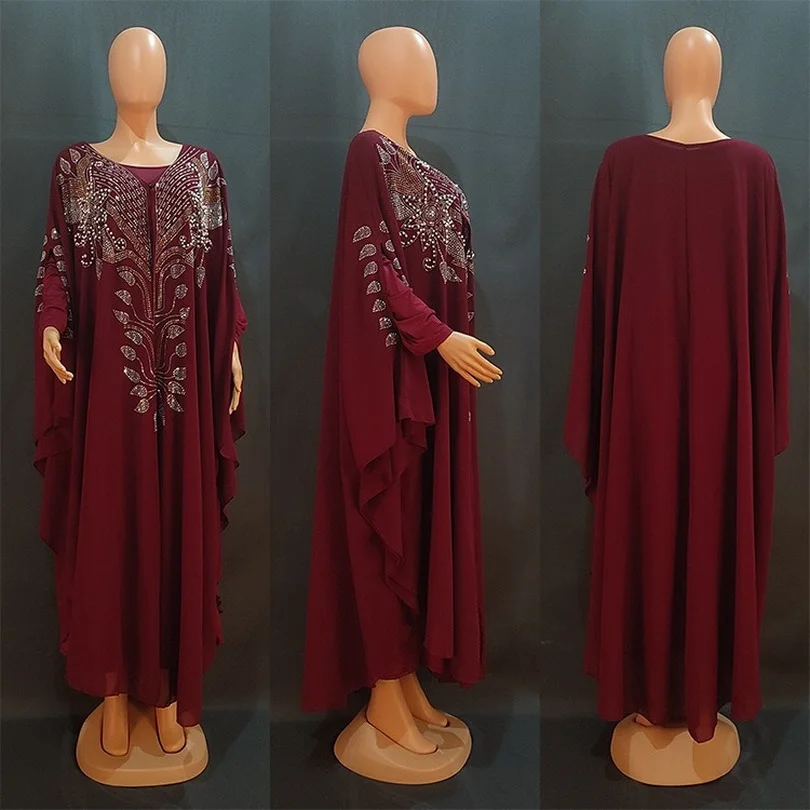 

African Chiffon Dress Women Hollow Batwing Sleeve Boubou Summer New Stick Diamonds Elegant Casual African Dresses Vestidos 2022