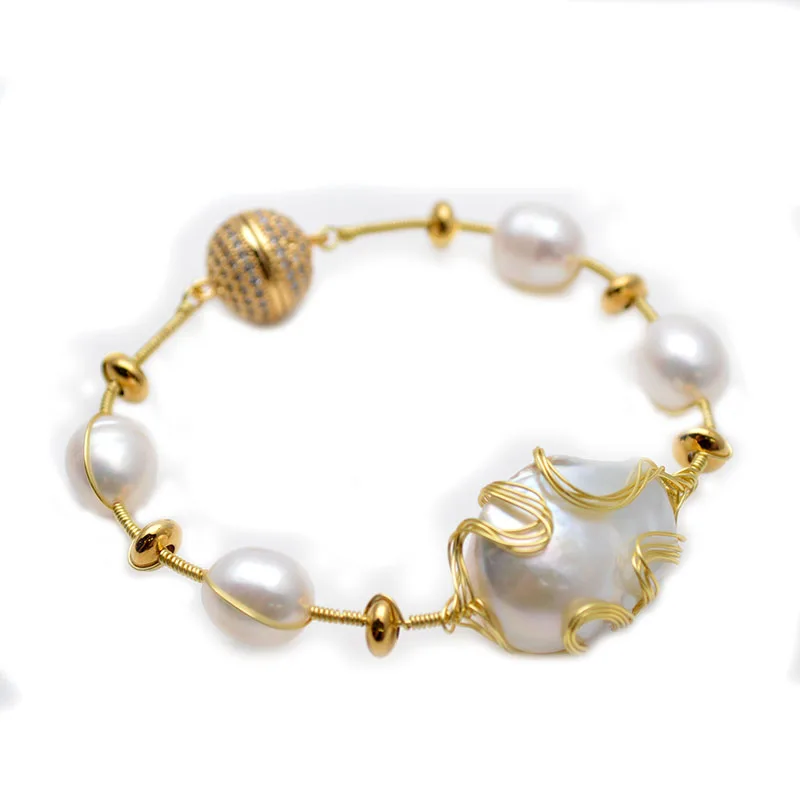 

High Quality Natural White Pearl Baroque Beads Gold Color Wire Wrapped Magnetic Clasp Cuff Bracelet Fashion Woman Jewelry