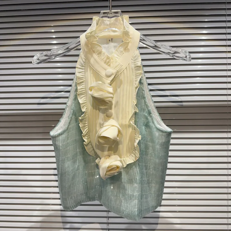 

BORVEMAYS Shirt Temperament Drop Neck Sleeve Ruffles 3D Flower Patchwork Sequins Elegant Blouses Summer Women 2023 WZ3571