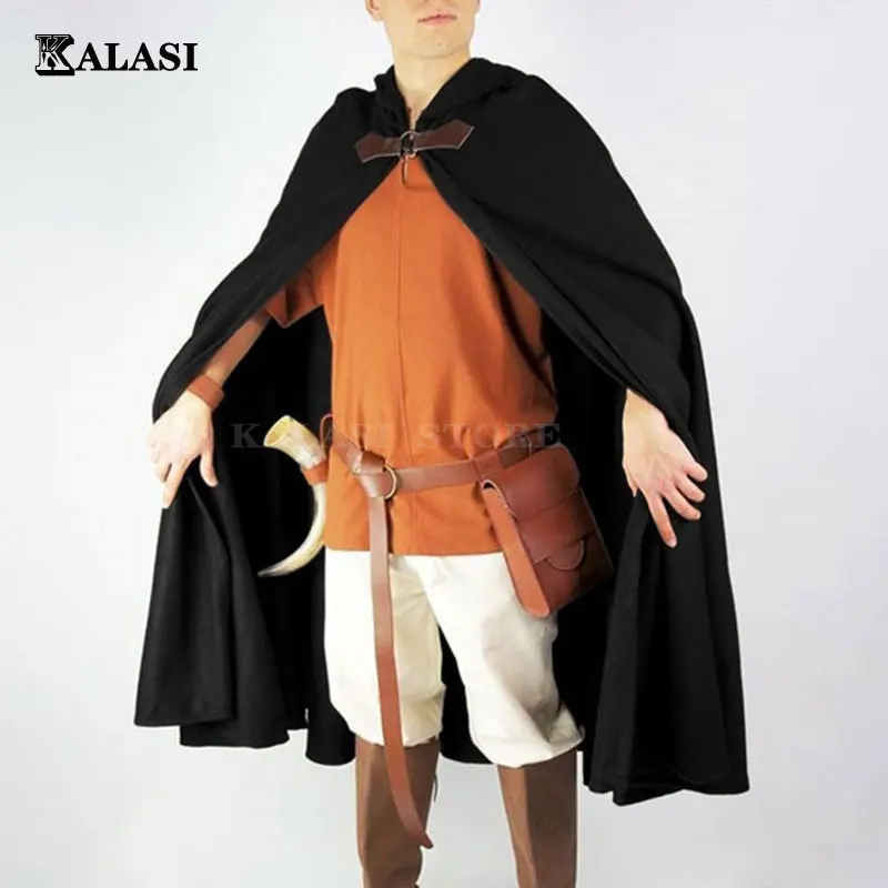Medieval Cloak Men Retro Hooded Long Cape Coat Pirate Viking Cos Halloween Party Gothic Cosplay Costume Halloween Black Cloaks