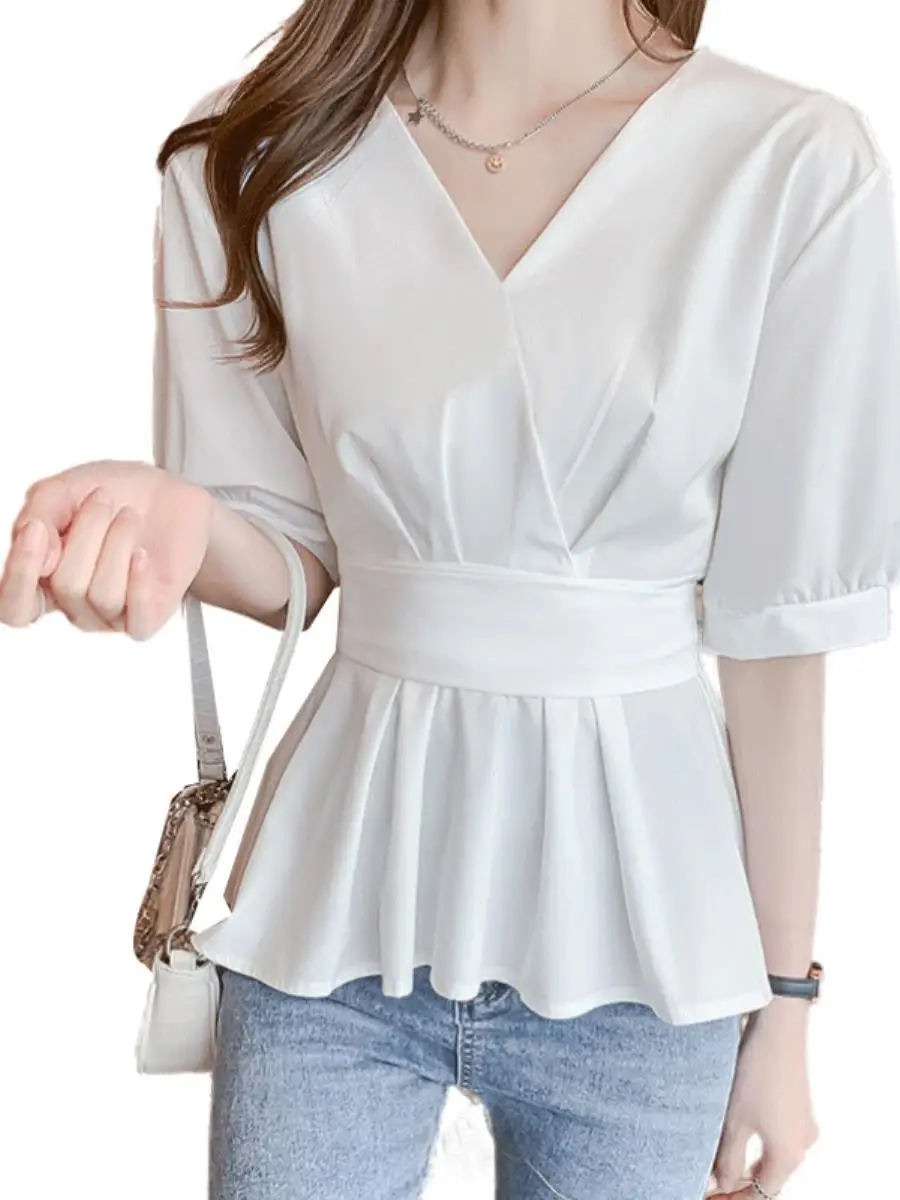 Summer Fashion Small Shirt Waist Hugging Western Sle Top Women clothes Clothing Short sleeve 2024 New Chiffon Shirts...