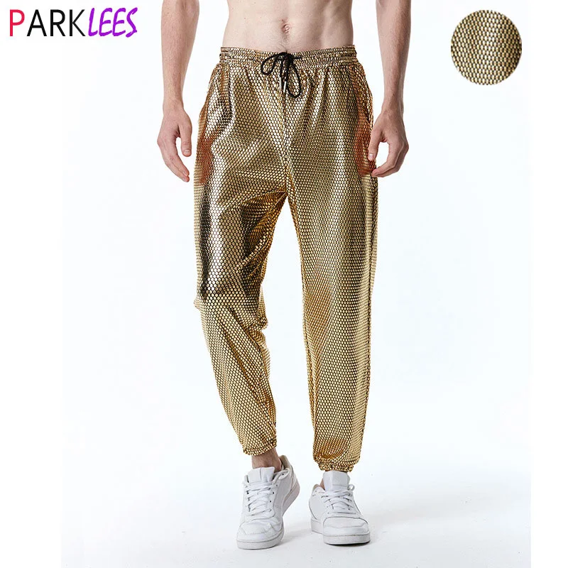 

Mens Metallic Shiny Gold Fish Scales Jogger Sweatpants 70s Disco Dance Harem Pants Men Nightclub Stage Party Streetwear Trousers