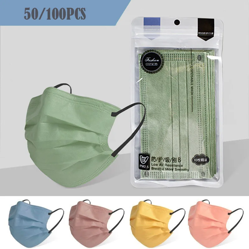 

50/100PCS Face Mouth Mask for Virus Adult Disposable Dust-proof Protection 3-Layer Thickened Solid Color Fashion Mascarillas