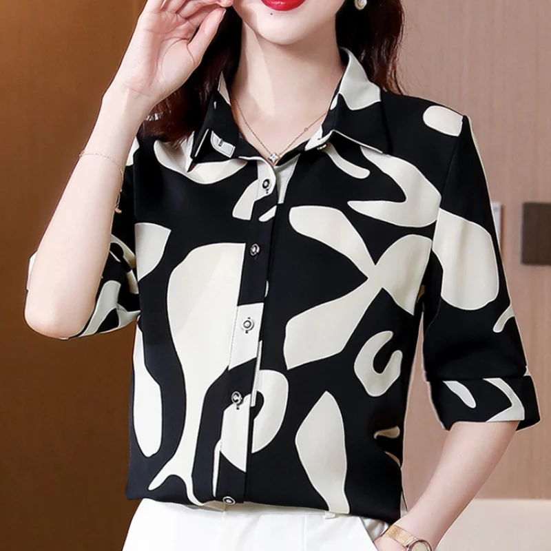 

Chiffon Women's Blouse Casual Fashion Korean Short Sleeve Top Polo Shirt Summer Loose Printing