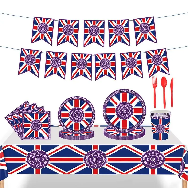 

Union Jack Party Cutlery Include Plates Cups Napkins Knife Fork Spoon Tablecloth For King III Coronation Royal Celebration