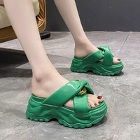 internet celebrity soft bottom slippers womens outdoor wear summer 2022 new green platform muffin height increasing sandals 7cm