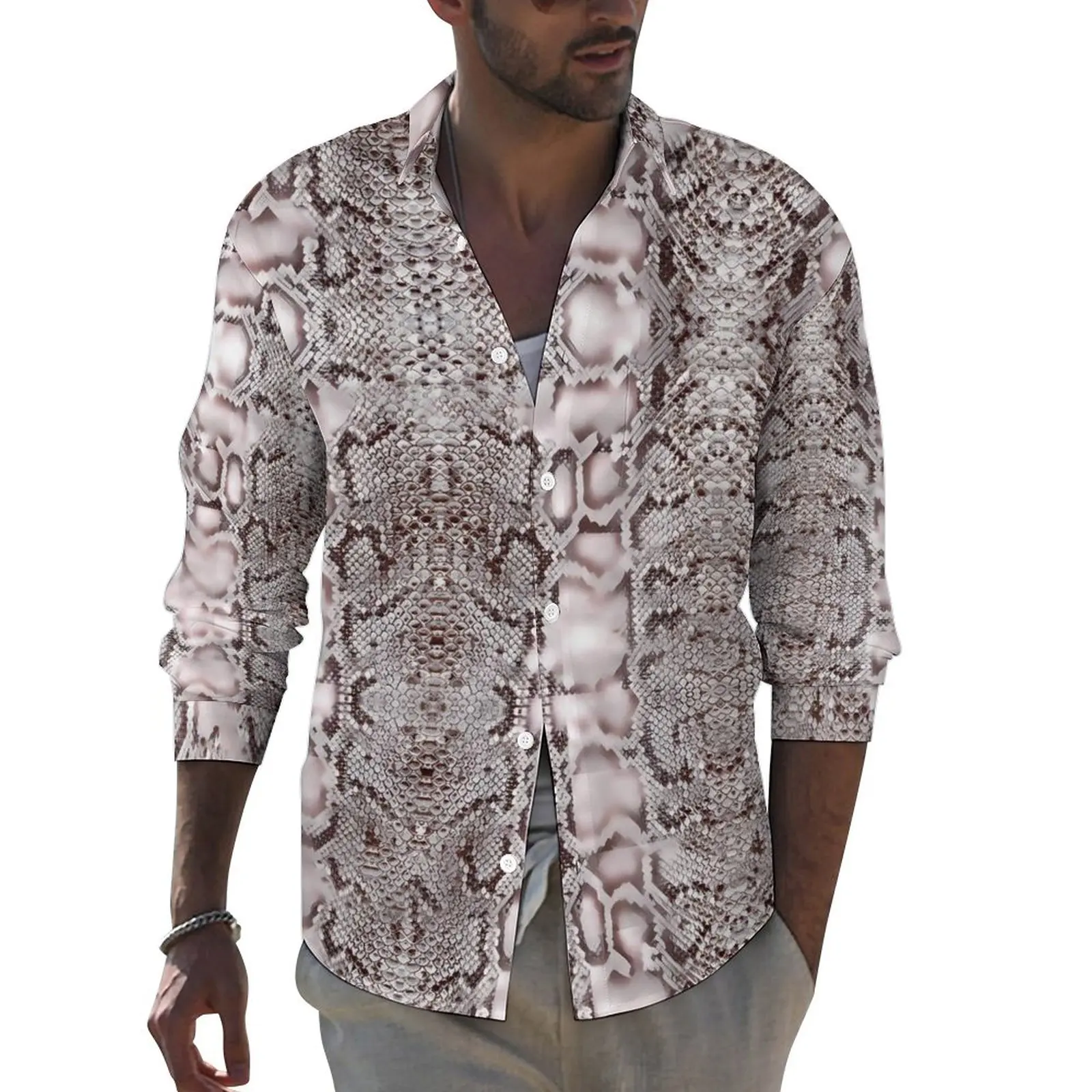 

Snakeskin Print Shirt Men White And Brown Casual Shirts Autumn Street Style Blouses Long Sleeve Trendy Oversized Clothing Gift