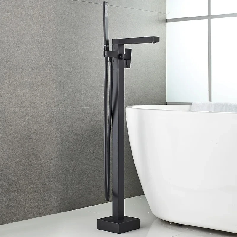 Напольный смеситель матовый золотой квадратный для ванны и душа латунный