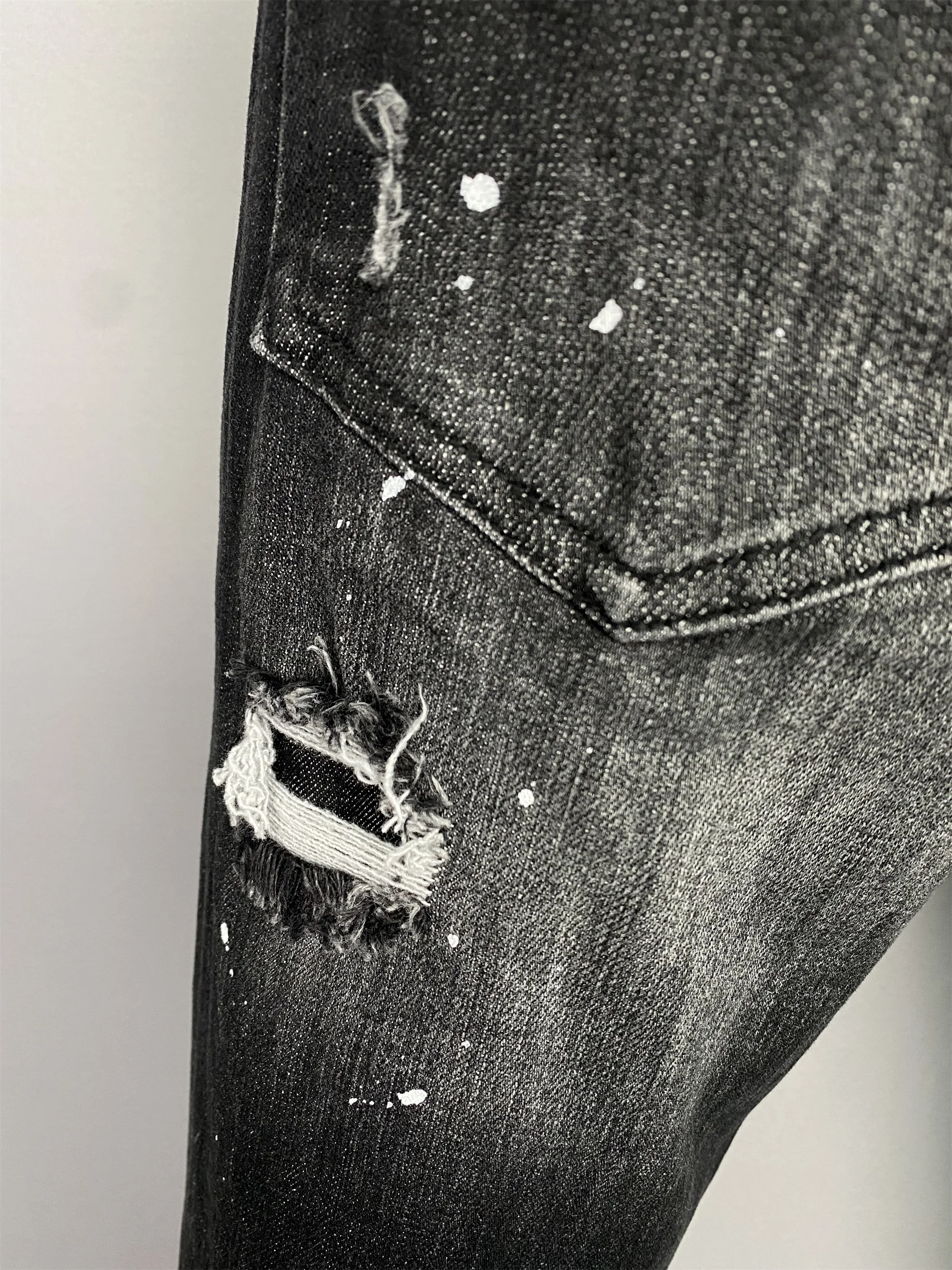 2023 Spring/Summer New D2 Jeans Men's Fashion Men's Washed and Worn Hole Patch Paint 3D Cut Small Feet Dark Black