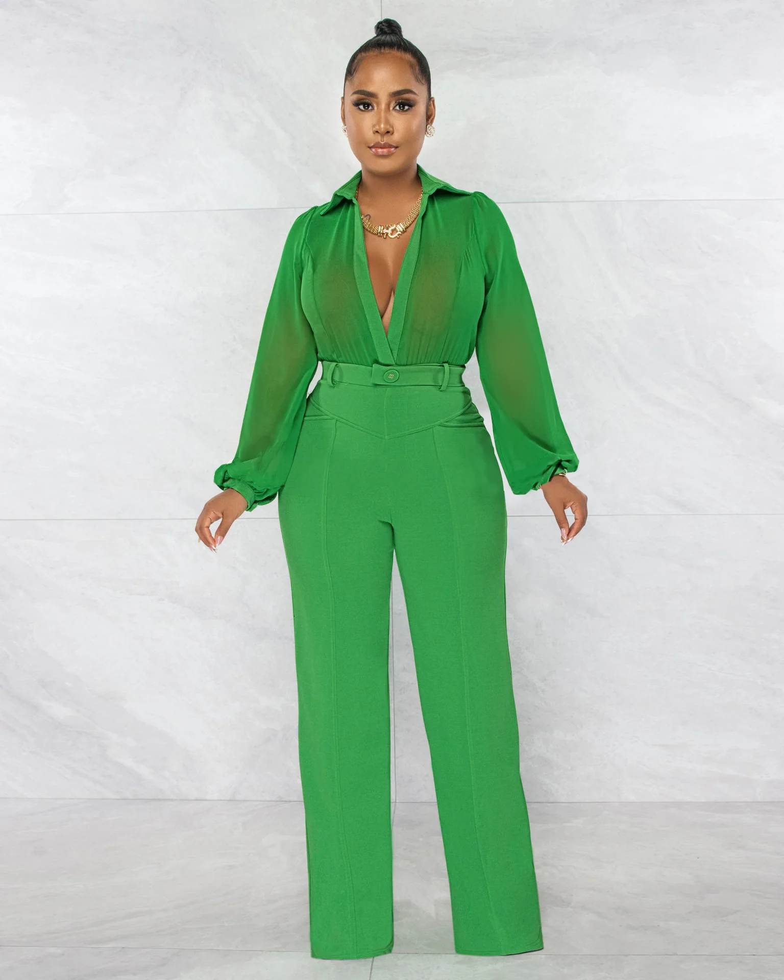 

Women's Clothing Rompers Lapel Buttons Sexy Cardigan Shirt Rompers Long Sleeve Casual Loose Wide Legs Trousers