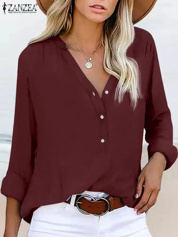 

Women Blouse 2023 ZANZEA Spring OL Work Shirt Female Casual Elegant V Neck Long Sleeve Solid Tops Tunic Fashion Blusas Chemise