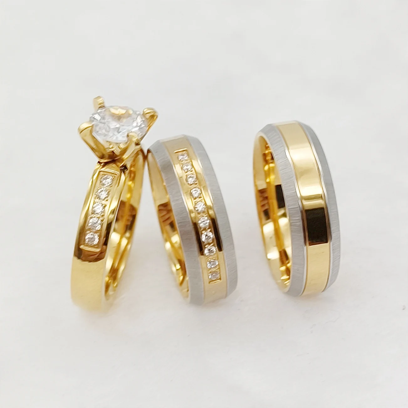 

Love Alliances 3pcs Promise Couples Wedding Engagement Rings Sets Wife and Husband Wholesale 18k Gold Plated Jewery